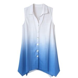 COMO BLACK | Gauze Cotton Blue and White Face Sleeveless Button Down